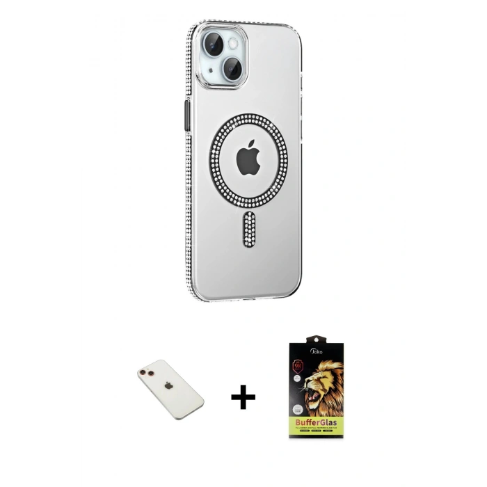 MARSİLYAN™- iPhone 14 Kılıf Yörünge Koleksiyonu - Siyah Buffer Cam Ekran Koruyucu + Diamond Kamera Lens - KI