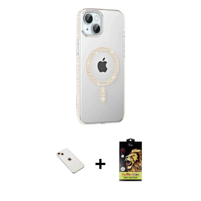 MARSİLYAN™- iPhone 14 Kılıf Yörünge Koleksiyonu - Siyah Buffer Cam Ekran Koruyucu + Diamond Kamera Lens - KI