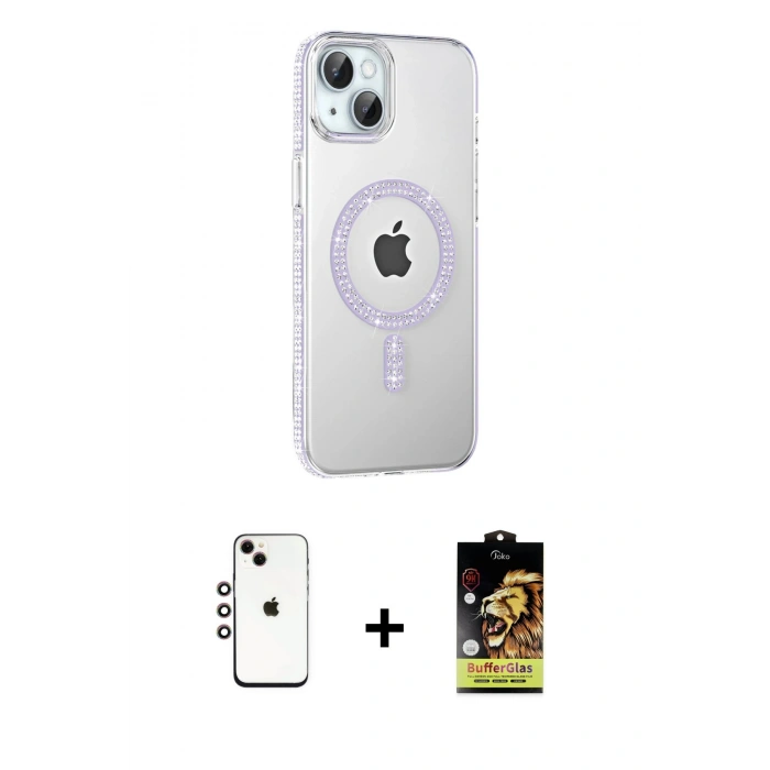 MARSİLYAN™- iPhone 14 Kılıf Yörünge Koleksiyonu - Siyah Buffer Cam Ekran Koruyucu + Shine Kamera Lens - GI