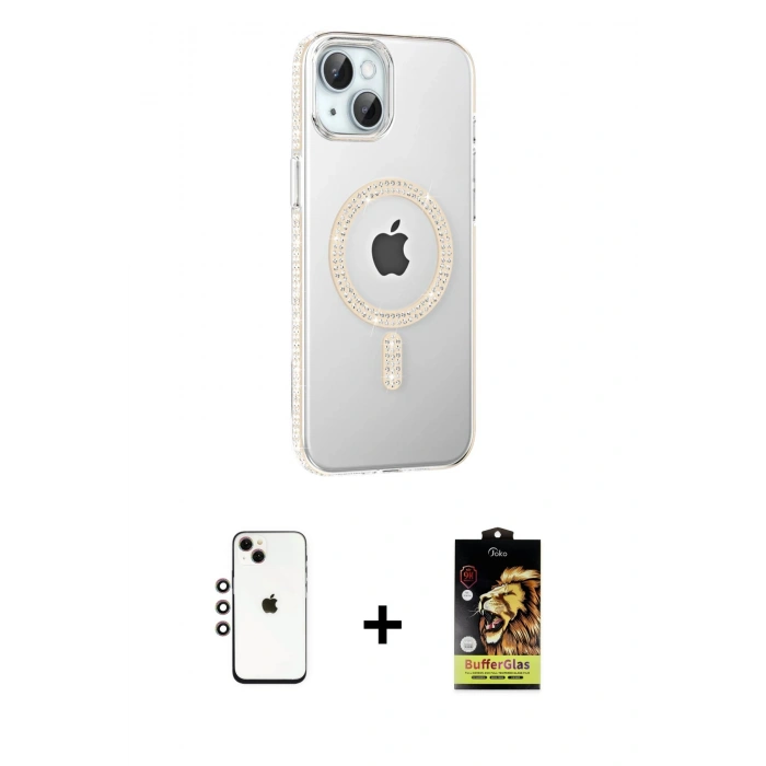 MARSİLYAN™- iPhone 14 Kılıf Yörünge Koleksiyonu - Siyah Buffer Cam Ekran Koruyucu + Shine Kamera Lens - GI