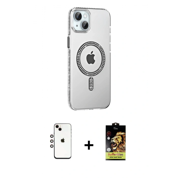 MARSİLYAN™- iPhone 14 Kılıf Yörünge Koleksiyonu - Siyah Buffer Cam Ekran Koruyucu + Shine Kamera Lens - GI