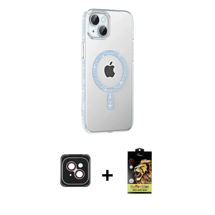 MARSİLYAN™- iPhone 14 Kılıf Yörünge Koleksiyonu - Siyah Buffer Cam Ekran Koruyucu + PVD Metal Kamera Lens - PE
