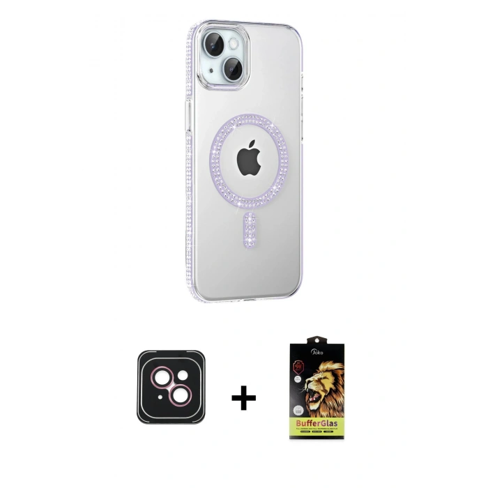 MARSİLYAN™- iPhone 14 Kılıf Yörünge Koleksiyonu - Siyah Buffer Cam Ekran Koruyucu + PVD Metal Kamera Lens - PE
