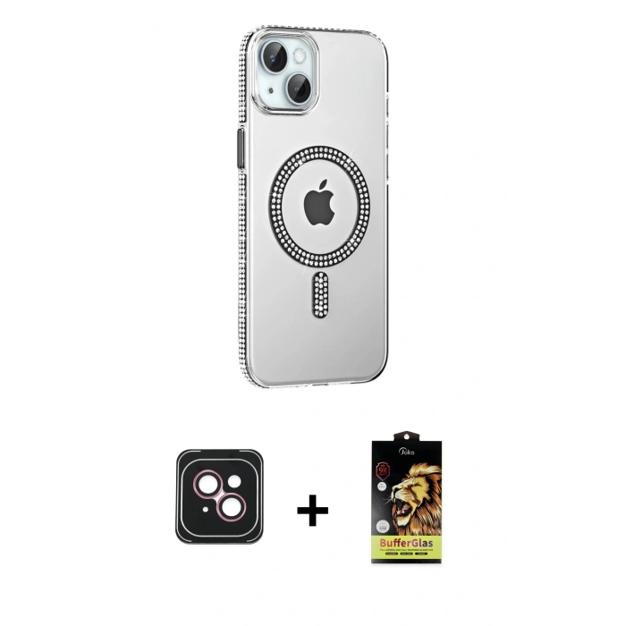 MARSİLYAN™- iPhone 14 Kılıf Yörünge Koleksiyonu - Siyah Buffer Cam Ekran Koruyucu + PVD Metal Kamera Lens - PE