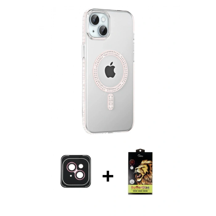 MARSİLYAN™- iPhone 14 Kılıf Yörünge Koleksiyonu - Siyah Buffer Cam Ekran Koruyucu + PVD Metal Kamera Lens - PE