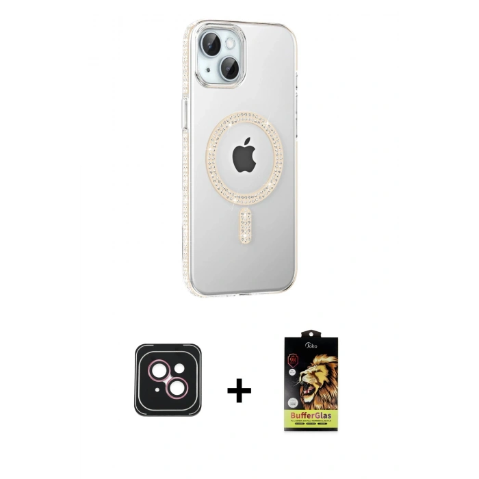 MARSİLYAN™- iPhone 14 Kılıf Yörünge Koleksiyonu - Siyah Buffer Cam Ekran Koruyucu + PVD Metal Kamera Lens - PE