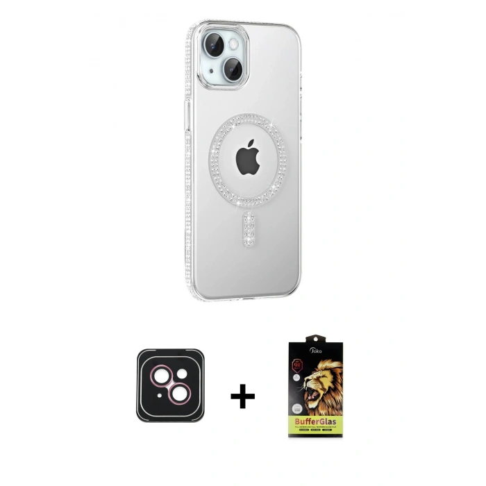 MARSİLYAN™- iPhone 14 Kılıf Yörünge Koleksiyonu - Siyah Buffer Cam Ekran Koruyucu + PVD Metal Kamera Lens - PE