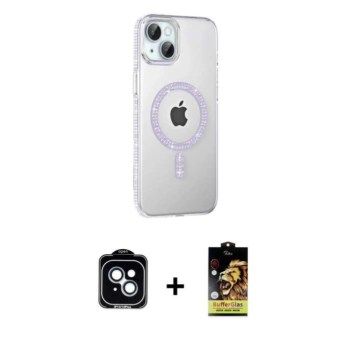 MARSİLYAN™- iPhone 14 Kılıf Yörünge Koleksiyonu - Siyah Buffer Cam Ekran Koruyucu + PVD Metal Kamera Lens - MI