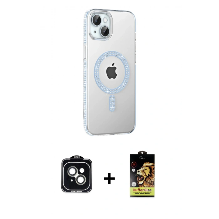 MARSİLYAN™- iPhone 14 Kılıf Yörünge Koleksiyonu - Siyah Buffer Cam Ekran Koruyucu + PVD Metal Kamera Lens - YL