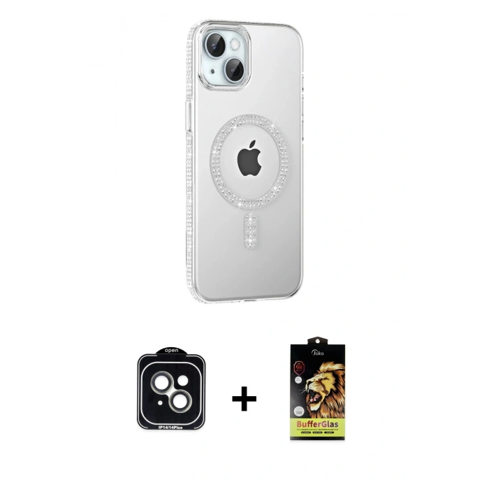 MARSİLYAN™- iPhone 14 Kılıf Yörünge Koleksiyonu - Siyah Buffer Cam Ekran Koruyucu + PVD Metal Kamera Lens - YL