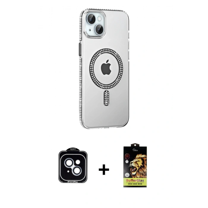MARSİLYAN™- iPhone 14 Kılıf Yörünge Koleksiyonu - Siyah Buffer Cam Ekran Koruyucu + PVD Metal Kamera Lens - MI