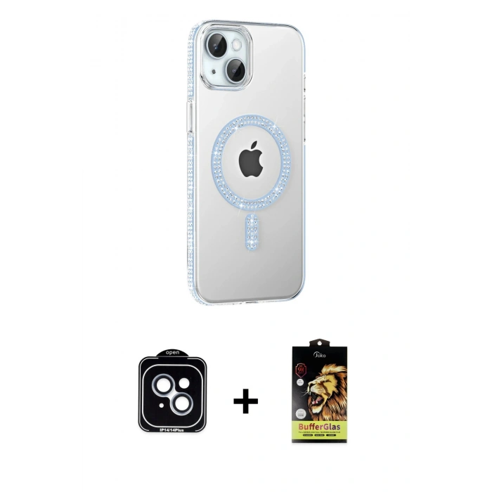 MARSİLYAN™- iPhone 14 Kılıf Yörünge Koleksiyonu - Siyah Buffer Cam Ekran Koruyucu + PVD Metal Kamera Lens - MI