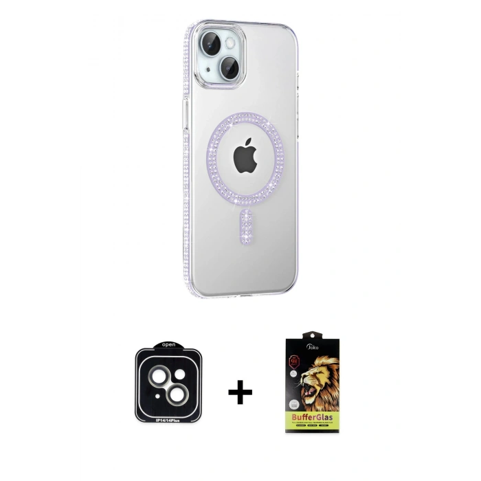 MARSİLYAN™- iPhone 14 Kılıf Yörünge Koleksiyonu - Siyah Buffer Cam Ekran Koruyucu + PVD Metal Kamera Lens - YL