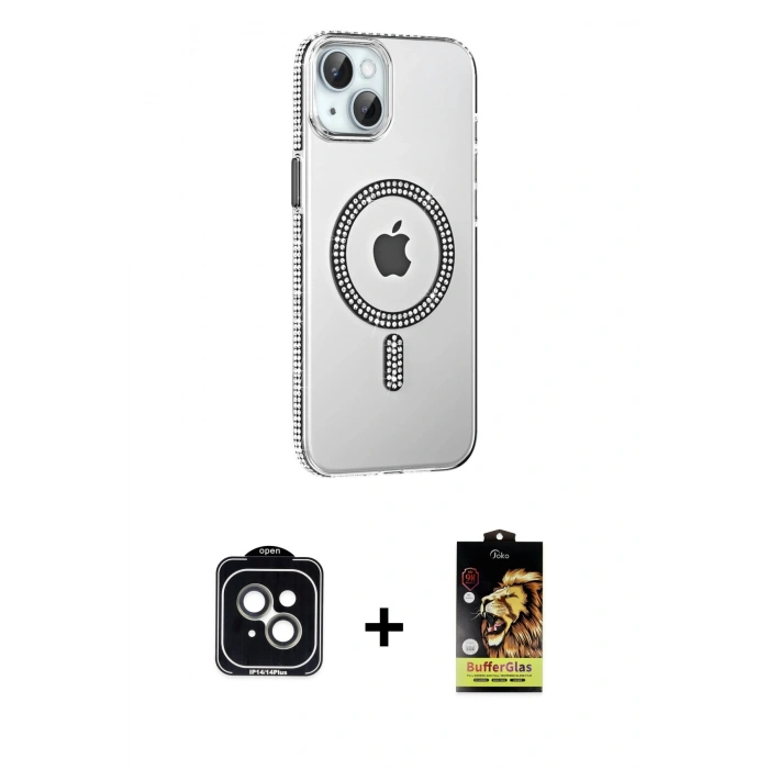 MARSİLYAN™- iPhone 14 Kılıf Yörünge Koleksiyonu - Siyah Buffer Cam Ekran Koruyucu + PVD Metal Kamera Lens - YL