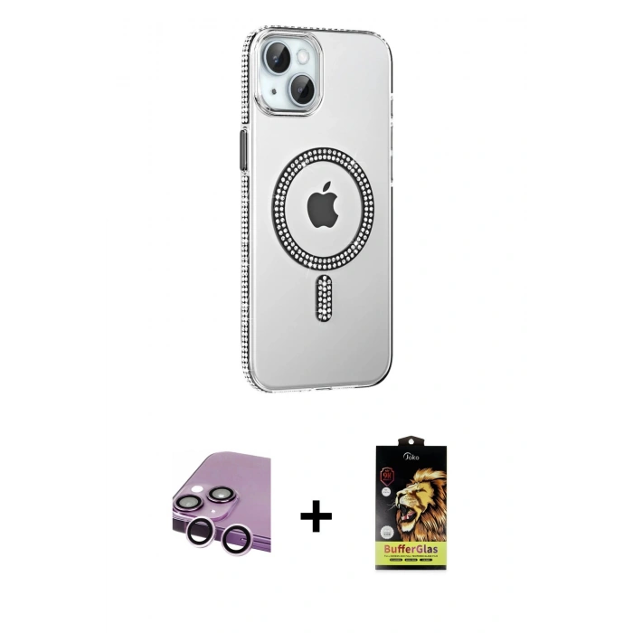 MARSİLYAN™- iPhone 14 Kılıf Yörünge Koleksiyonu - Siyah Buffer Cam Ekran Koruyucu + Raze Metal Kamera Lens - MR
