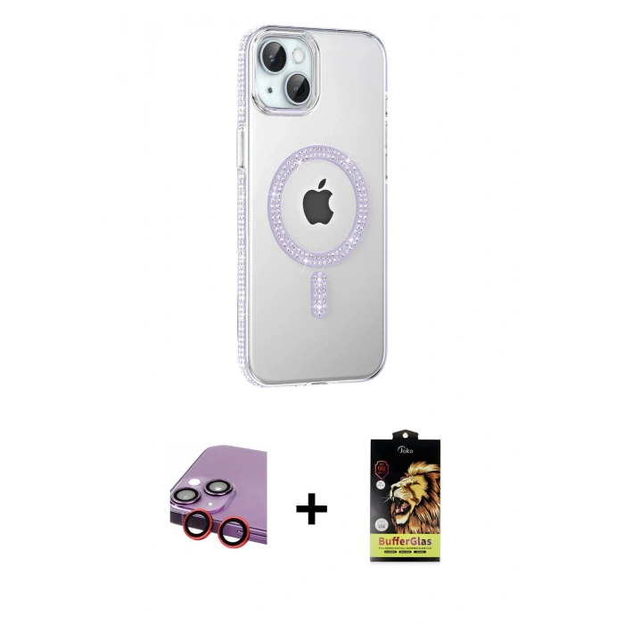 MARSİLYAN™- iPhone 14 Kılıf Yörünge Koleksiyonu - Siyah Buffer Cam Ekran Koruyucu + Raze Metal Kamera Lens - KI