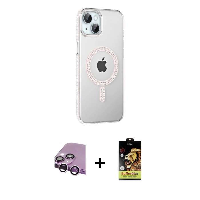 MARSİLYAN™- iPhone 14 Kılıf Yörünge Koleksiyonu - Siyah Buffer Cam Ekran Koruyucu + Raze Metal Kamera Lens - MR