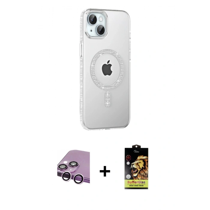 MARSİLYAN™- iPhone 14 Kılıf Yörünge Koleksiyonu - Siyah Buffer Cam Ekran Koruyucu + Raze Metal Kamera Lens - MR