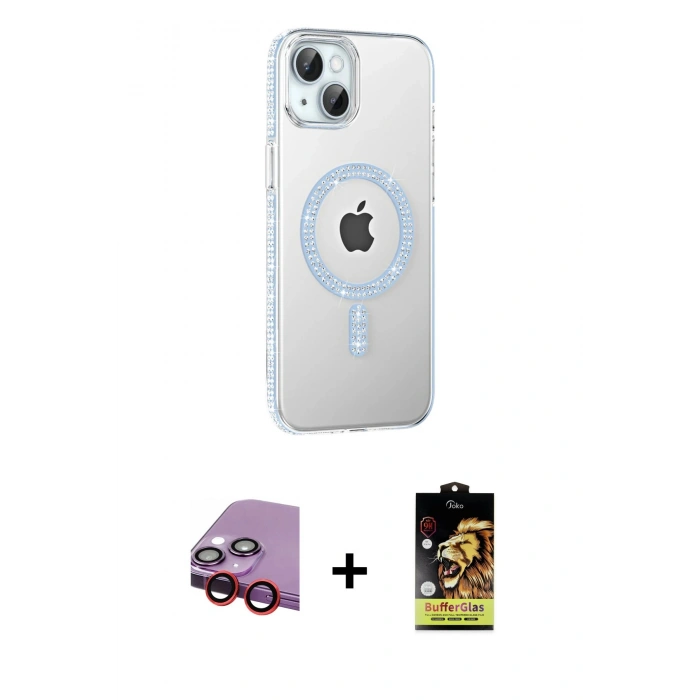 MARSİLYAN™- iPhone 14 Kılıf Yörünge Koleksiyonu - Siyah Buffer Cam Ekran Koruyucu + Raze Metal Kamera Lens - KI
