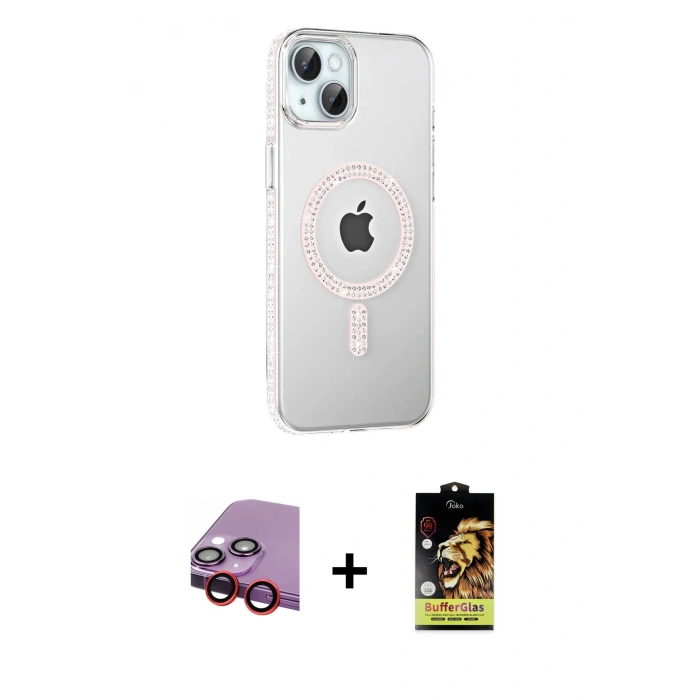 MARSİLYAN™- iPhone 14 Kılıf Yörünge Koleksiyonu - Siyah Buffer Cam Ekran Koruyucu + Raze Metal Kamera Lens - KI