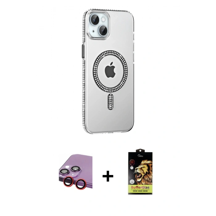 MARSİLYAN™- iPhone 14 Kılıf Yörünge Koleksiyonu - Siyah Buffer Cam Ekran Koruyucu + Raze Metal Kamera Lens - KI