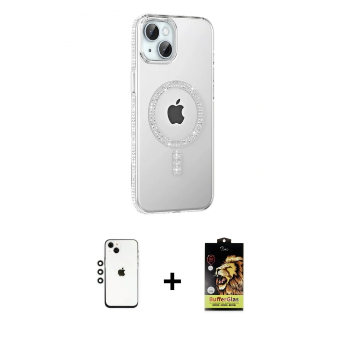 MARSİLYAN™- iPhone 14 Kılıf Yörünge Koleksiyonu - Siyah Buffer Cam Ekran Koruyucu + Shine Kamera Lens - GS