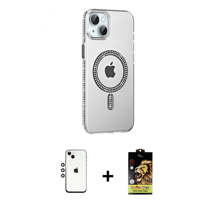 MARSİLYAN™- iPhone 14 Kılıf Yörünge Koleksiyonu - Siyah Buffer Cam Ekran Koruyucu + Shine Kamera Lens - GS
