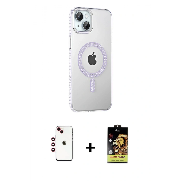 MARSİLYAN™- iPhone 14 Kılıf Yörünge Koleksiyonu - Siyah Buffer Cam Ekran Koruyucu + Shine Kamera Lens - KI