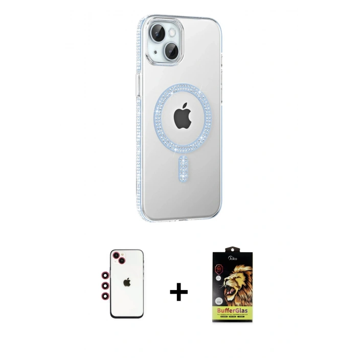 MARSİLYAN™- iPhone 14 Kılıf Yörünge Koleksiyonu - Siyah Buffer Cam Ekran Koruyucu + Shine Kamera Lens - KI