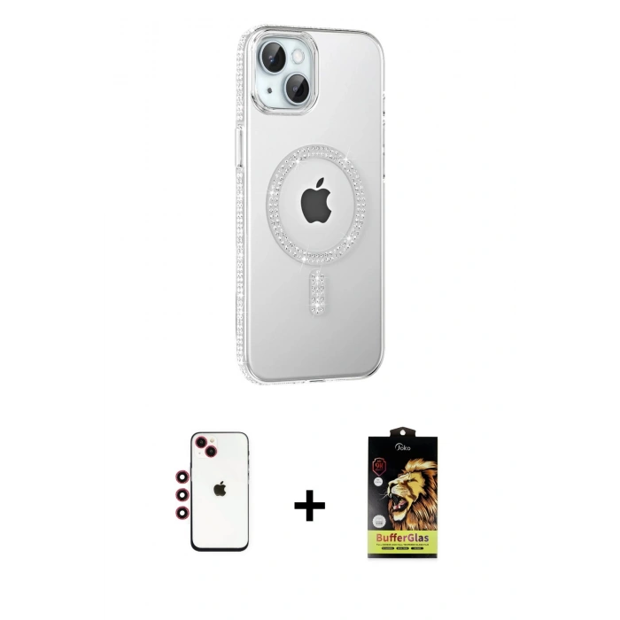 MARSİLYAN™- iPhone 14 Kılıf Yörünge Koleksiyonu - Siyah Buffer Cam Ekran Koruyucu + Shine Kamera Lens - KI
