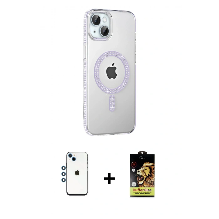 MARSİLYAN™- iPhone 14 Kılıf Yörünge Koleksiyonu - Siyah Buffer Cam Ekran Koruyucu + Shine Kamera Lens - MI