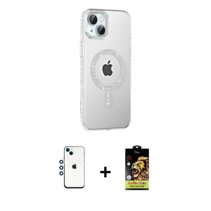 MARSİLYAN™- iPhone 14 Kılıf Yörünge Koleksiyonu - Siyah Buffer Cam Ekran Koruyucu + Shine Kamera Lens - MI