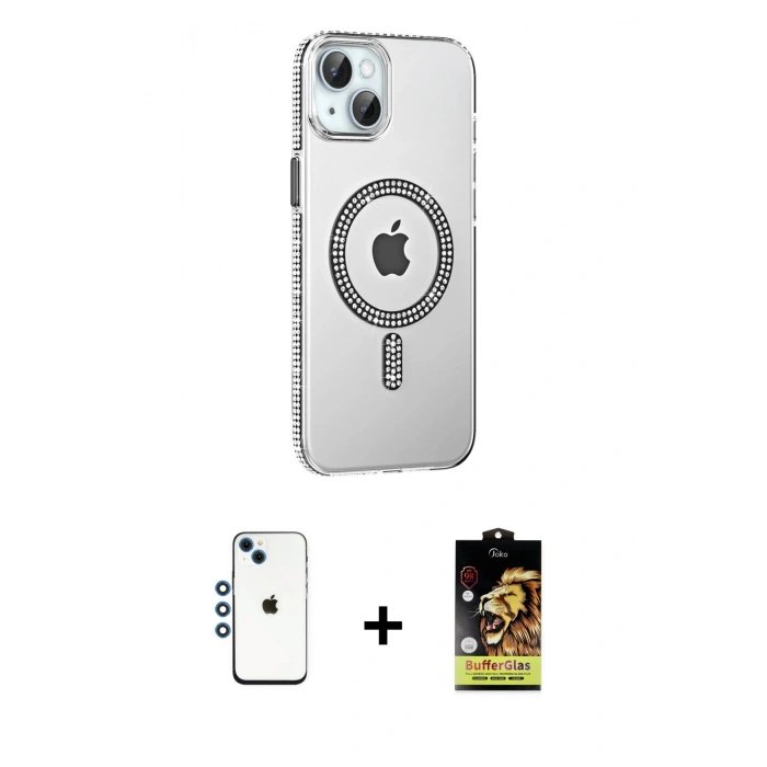 MARSİLYAN™- iPhone 14 Kılıf Yörünge Koleksiyonu - Siyah Buffer Cam Ekran Koruyucu + Shine Kamera Lens - MI
