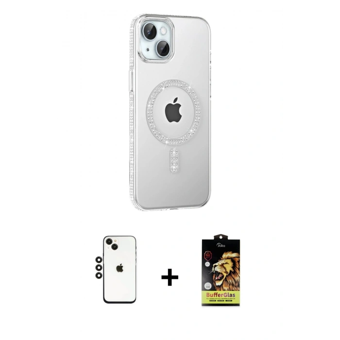 MARSİLYAN™- iPhone 14 Kılıf Yörünge Koleksiyonu - Siyah Buffer Cam Ekran Koruyucu + Shine Kamera Lens - SH