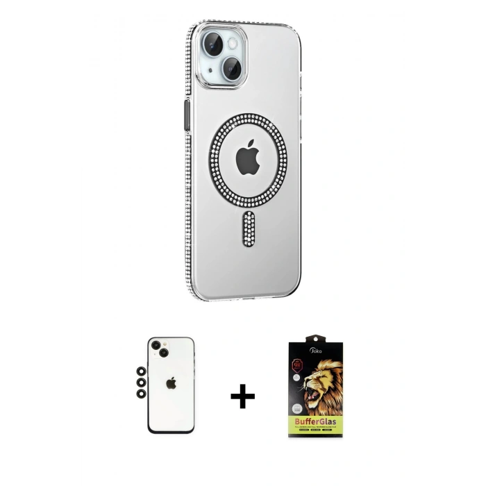 MARSİLYAN™- iPhone 14 Kılıf Yörünge Koleksiyonu - Siyah Buffer Cam Ekran Koruyucu + Shine Kamera Lens - SH
