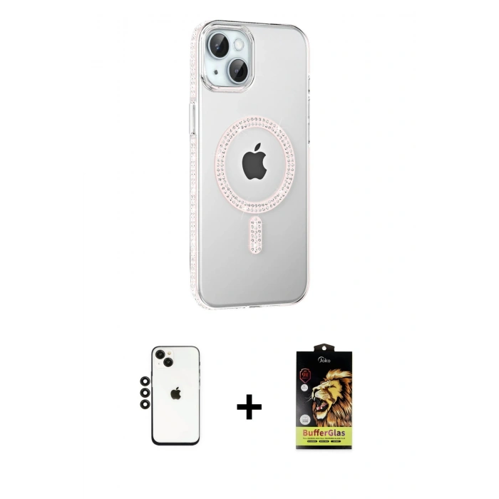 MARSİLYAN™- iPhone 14 Kılıf Yörünge Koleksiyonu - Siyah Buffer Cam Ekran Koruyucu + Shine Kamera Lens - SH