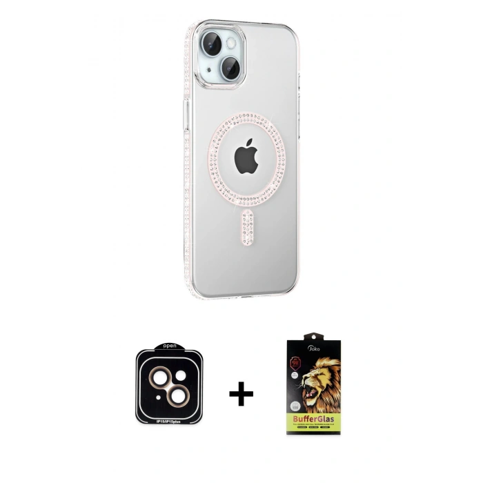 MARSİLYAN™- iPhone 14 Kılıf Yörünge Koleksiyonu - Siyah Buffer Cam Ekran Koruyucu + PVD Metal Kamera Lens - TU