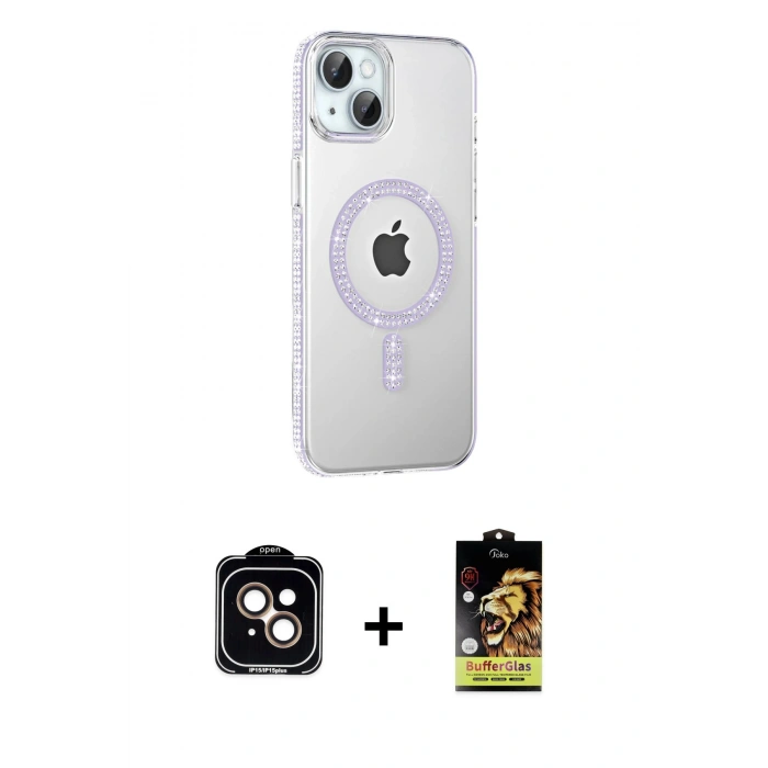 MARSİLYAN™- iPhone 14 Kılıf Yörünge Koleksiyonu - Siyah Buffer Cam Ekran Koruyucu + PVD Metal Kamera Lens - TU
