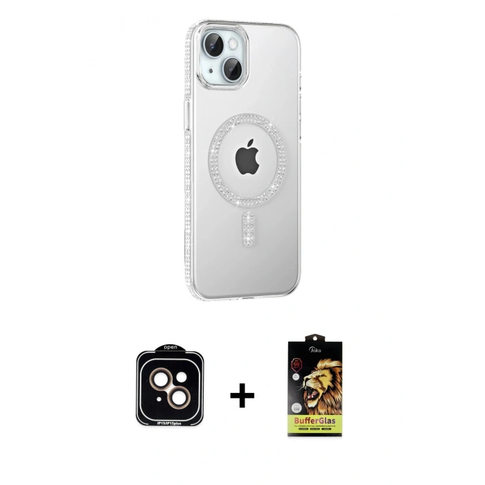 MARSİLYAN™- iPhone 14 Kılıf Yörünge Koleksiyonu - Siyah Buffer Cam Ekran Koruyucu + PVD Metal Kamera Lens - TU