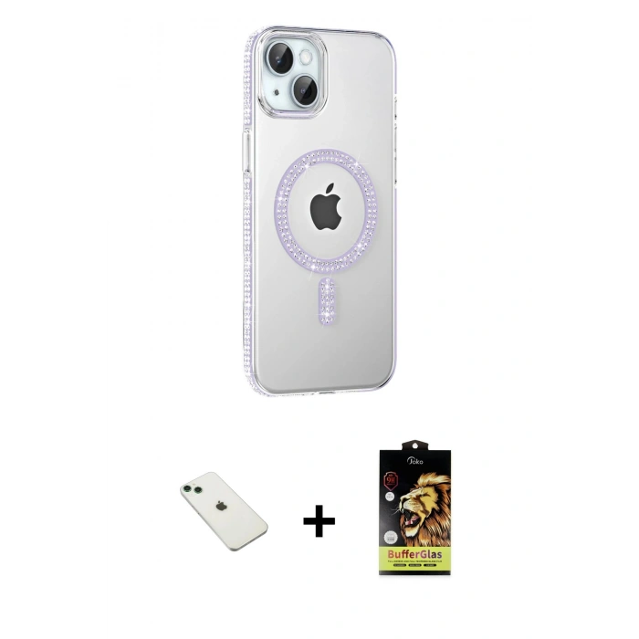MARSİLYAN™- iPhone 14 Kılıf Yörünge Koleksiyonu - Siyah Buffer Cam Ekran Koruyucu + Yeşil Diamond Kamera Lens