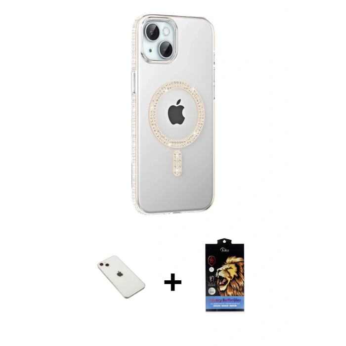 MARSİLYAN™- iPhone 14 Kılıf Yörünge Koleksiyonu - Siyah Buffer Hayalet Cam Ekran Koruyucu + Diamond Kamera Lens - PE
