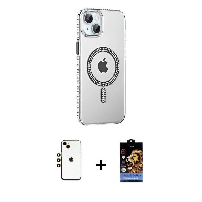 MARSİLYAN™- iPhone 14 Kılıf Yörünge Koleksiyonu - Siyah Buffer Hayalet Cam Ekran Koruyucu + Shine Kamera Lens - GD