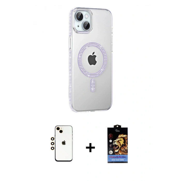 MARSİLYAN™- iPhone 14 Kılıf Yörünge Koleksiyonu - Siyah Buffer Hayalet Cam Ekran Koruyucu + Shine Kamera Lens - GD