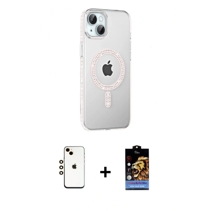 MARSİLYAN™- iPhone 14 Kılıf Yörünge Koleksiyonu - Siyah Buffer Hayalet Cam Ekran Koruyucu + Shine Kamera Lens - GD