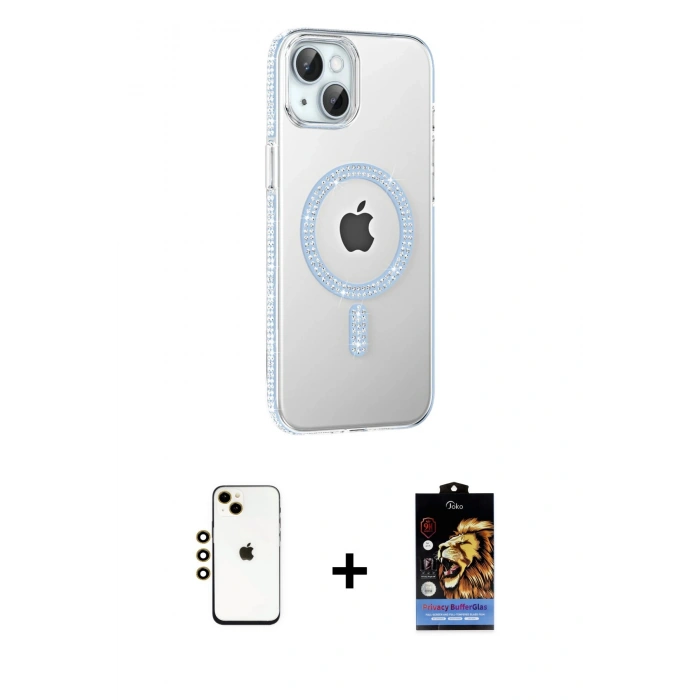 MARSİLYAN™- iPhone 14 Kılıf Yörünge Koleksiyonu - Siyah Buffer Hayalet Cam Ekran Koruyucu + Shine Kamera Lens - GD