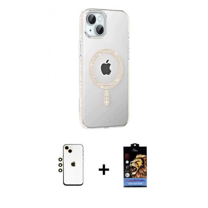 MARSİLYAN™- iPhone 14 Kılıf Yörünge Koleksiyonu - Siyah Buffer Hayalet Cam Ekran Koruyucu + Shine Kamera Lens - GD