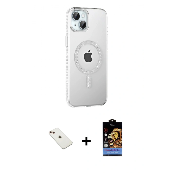 MARSİLYAN™- iPhone 14 Kılıf Yörünge Koleksiyonu - Siyah Buffer Hayalet Cam Ekran Koruyucu + Diamond Kamera Lens - KI