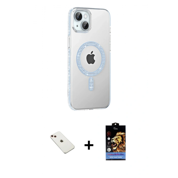 MARSİLYAN™- iPhone 14 Kılıf Yörünge Koleksiyonu - Siyah Buffer Hayalet Cam Ekran Koruyucu + Diamond Kamera Lens - KI