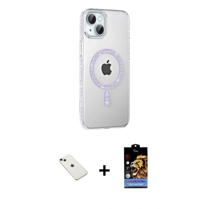 MARSİLYAN™- iPhone 14 Kılıf Yörünge Koleksiyonu - Siyah Buffer Hayalet Cam Ekran Koruyucu + Diamond Kamera Lens - KI