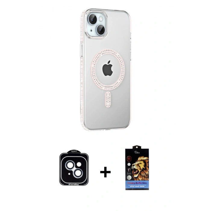 MARSİLYAN™- iPhone 14 Kılıf Yörünge Koleksiyonu - Siyah Buffer Hayalet Cam Ekran Koruyucu + PVD Metal Kamera Lens - MI